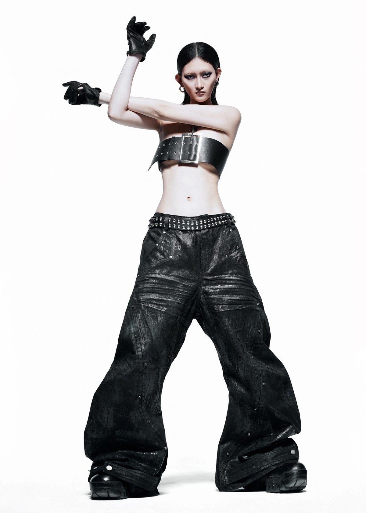 RICH QD.115B Black Waxed S-Wide Pants