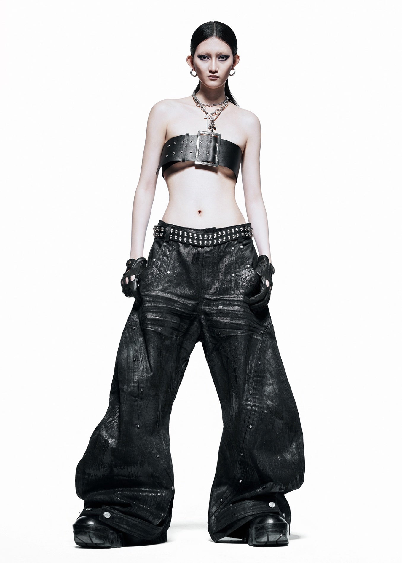 RICH QD.115B Black Waxed S-Wide Pants