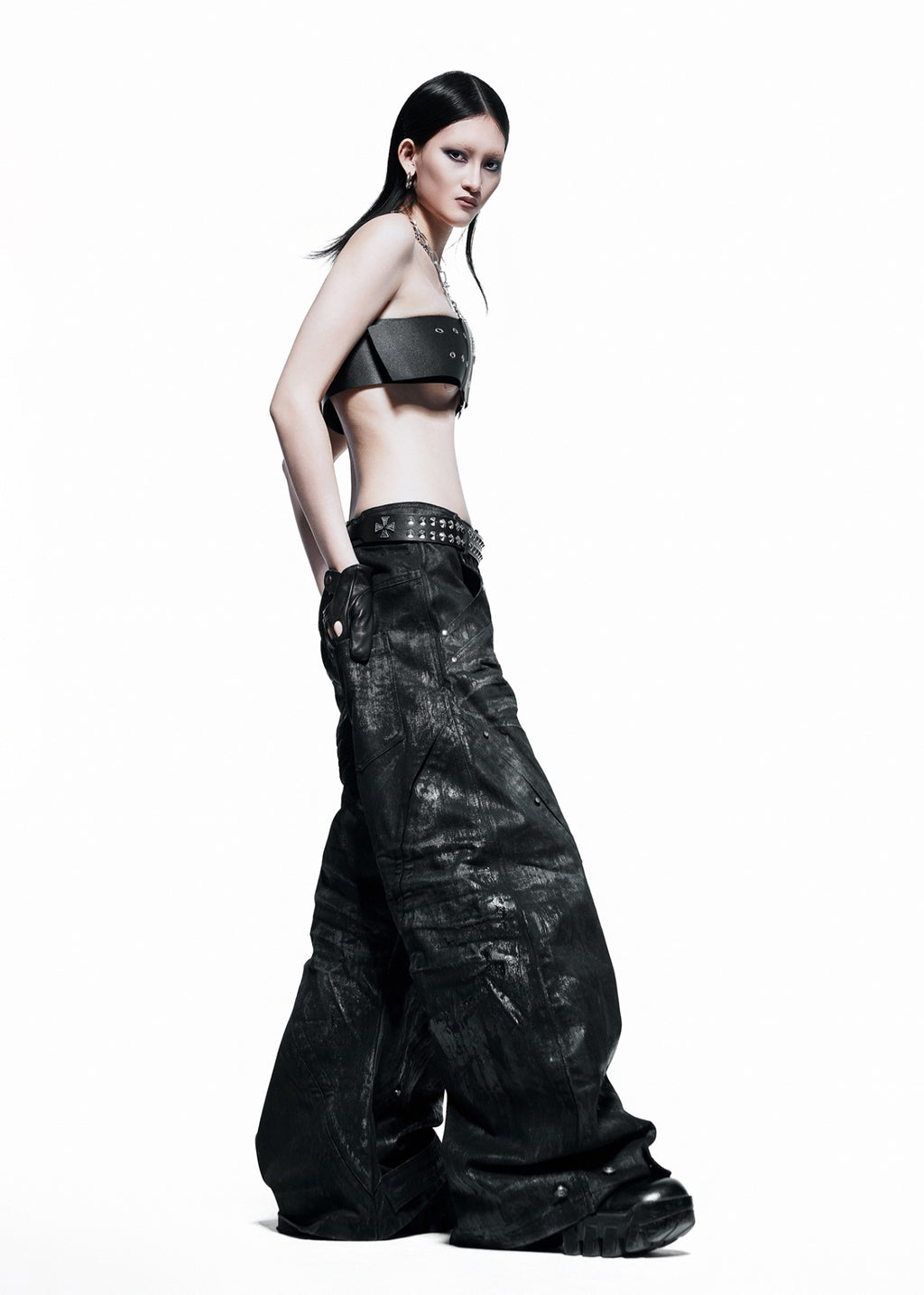 RICH QD.115B Black Waxed S-Wide Pants