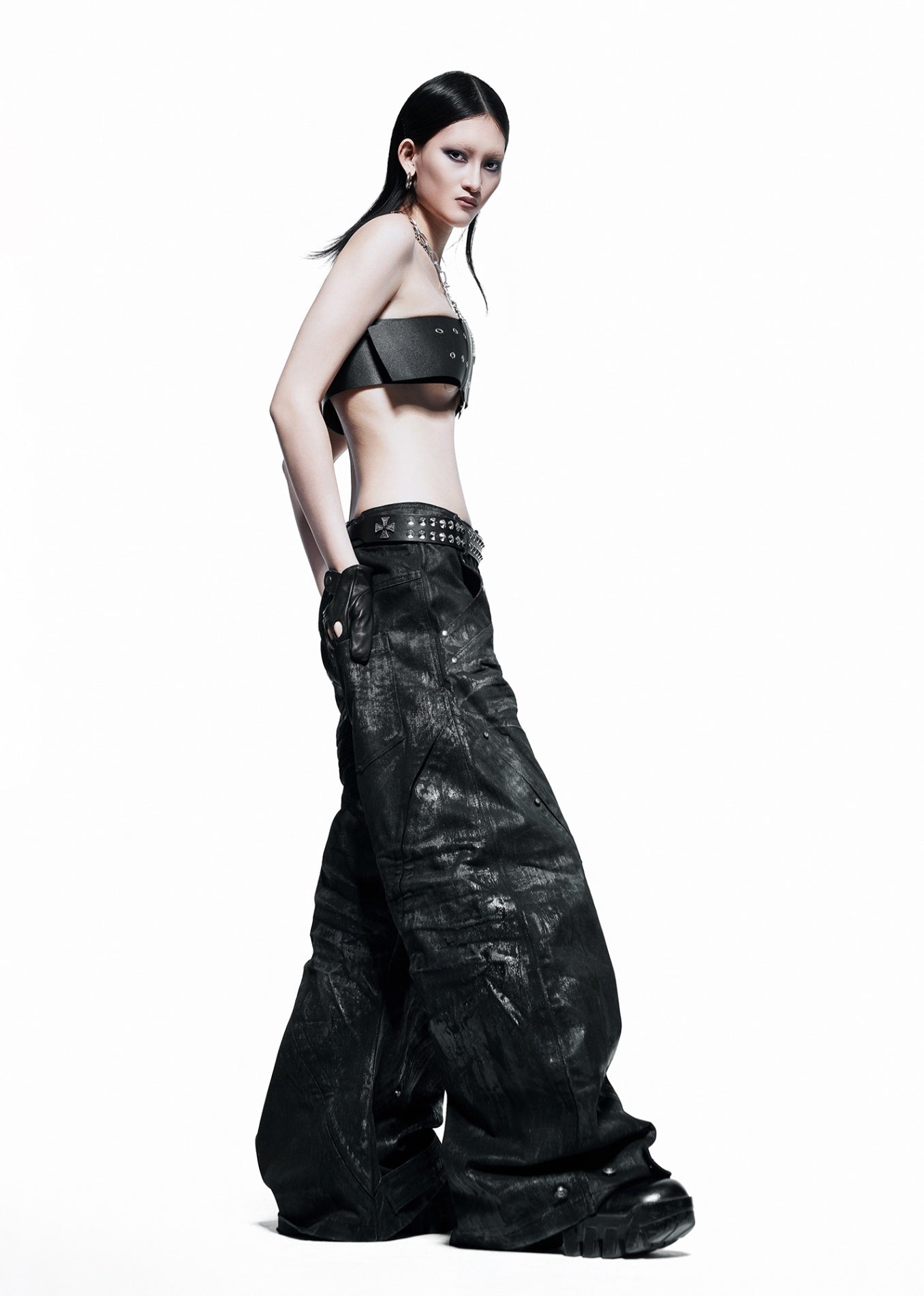 RICH QD.115B Black Waxed S-Wide Pants