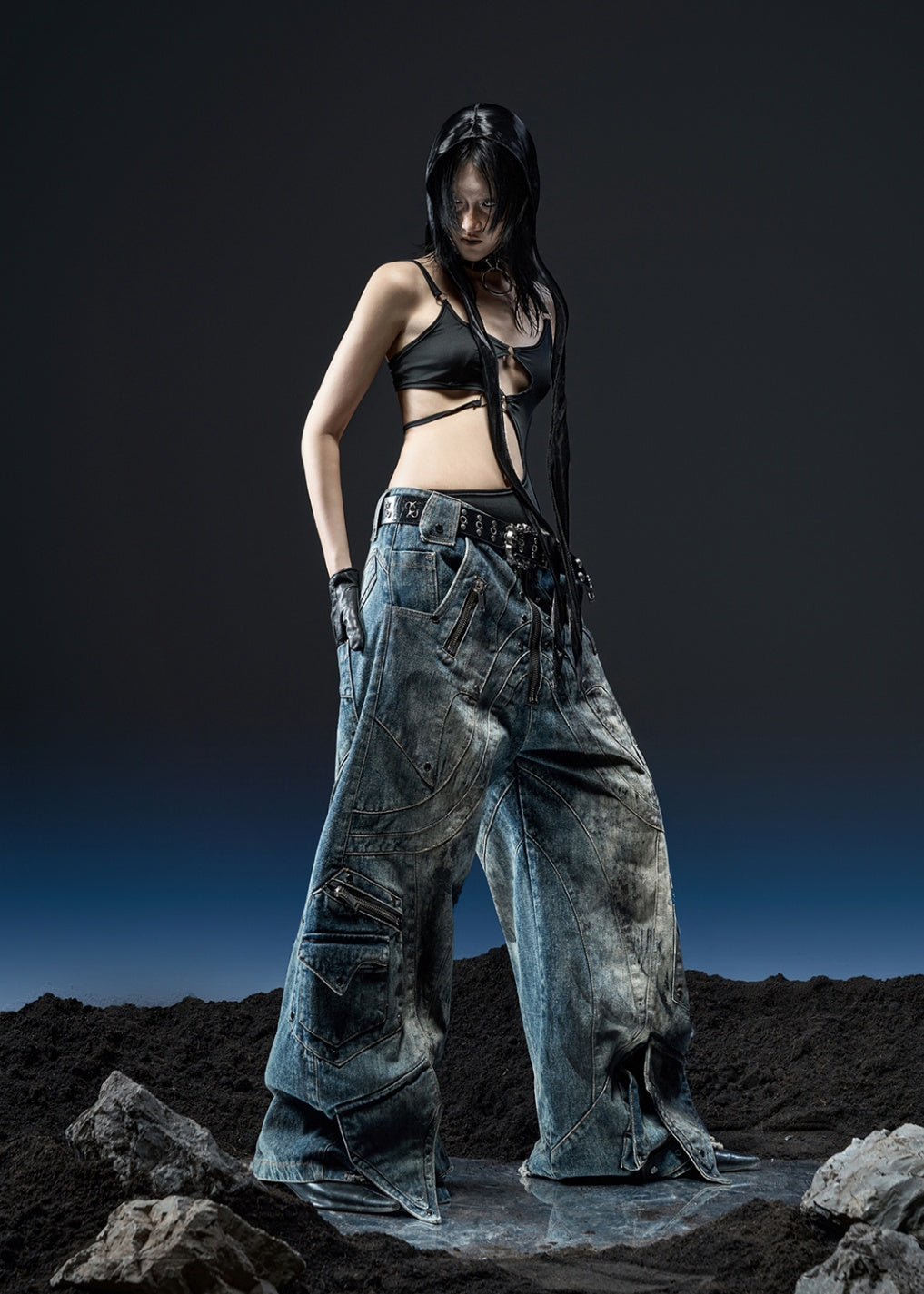 RICH QD.120C DIRTY WASHED KNIGHT WIDE PANTS