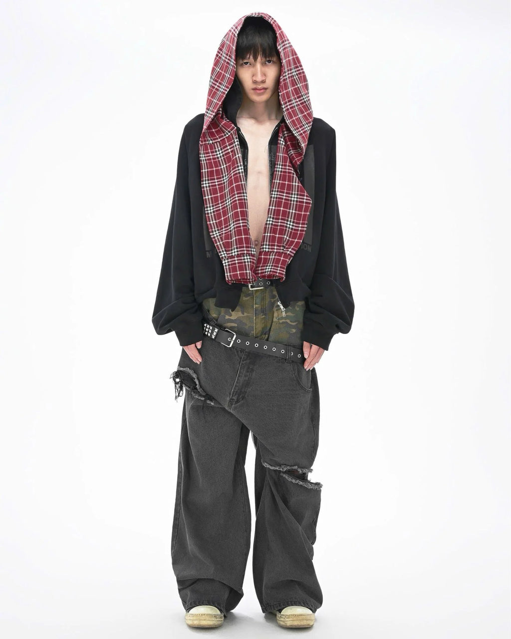 MBI CHECKERED SCARF ZIP HOODIE - FADED BLACK