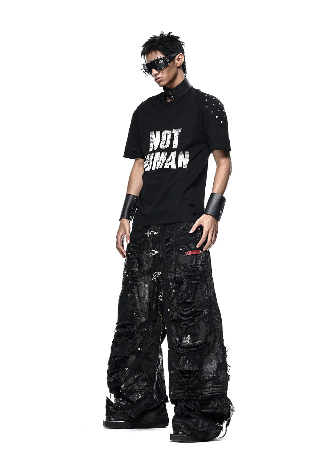 RICH QD.125A BLACK WAX RIPPED WIDE PANTS