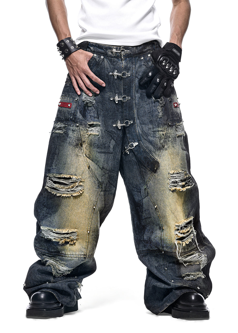 RICH QD.125B DUST WAX RIPPED WIDE PANTS