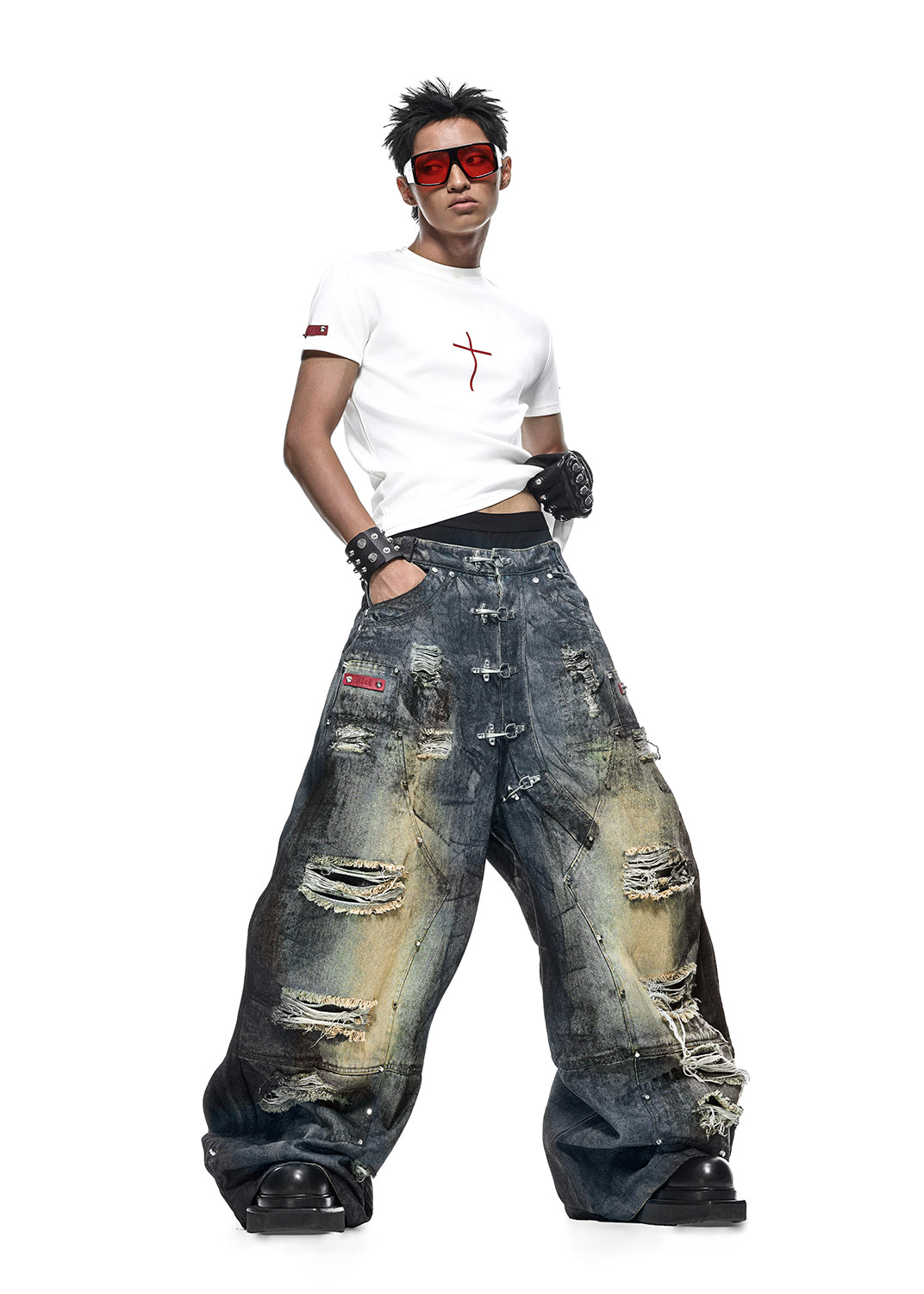 RICH QD.125B DUST WAX RIPPED WIDE PANTS