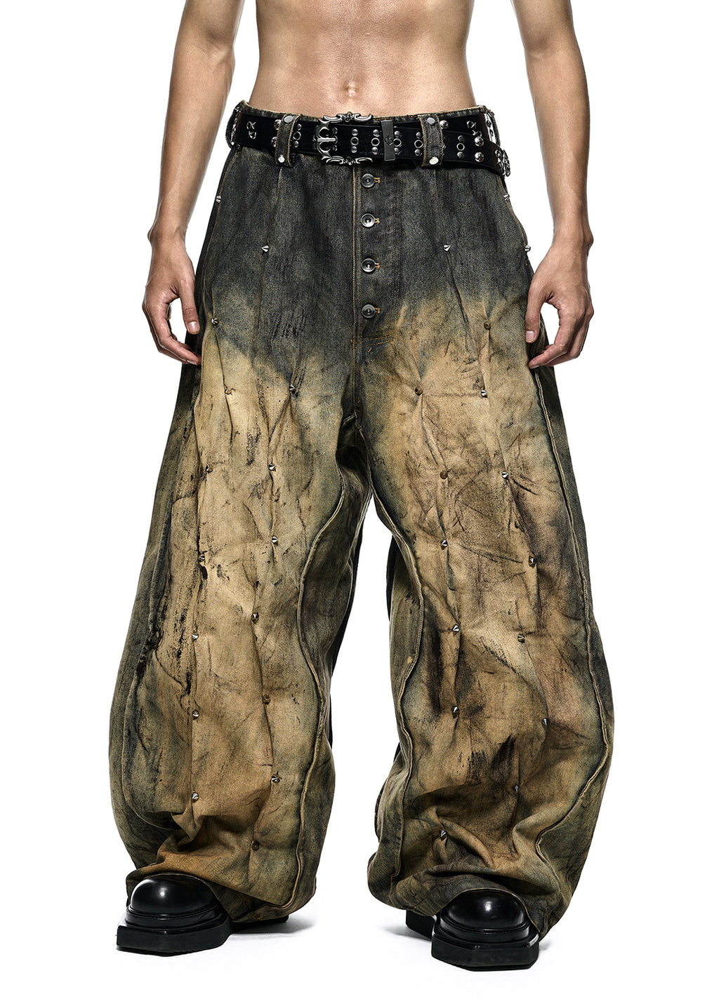 RICH QD.126B MULTI RIVET DIRT WASHED WIDE PANTS