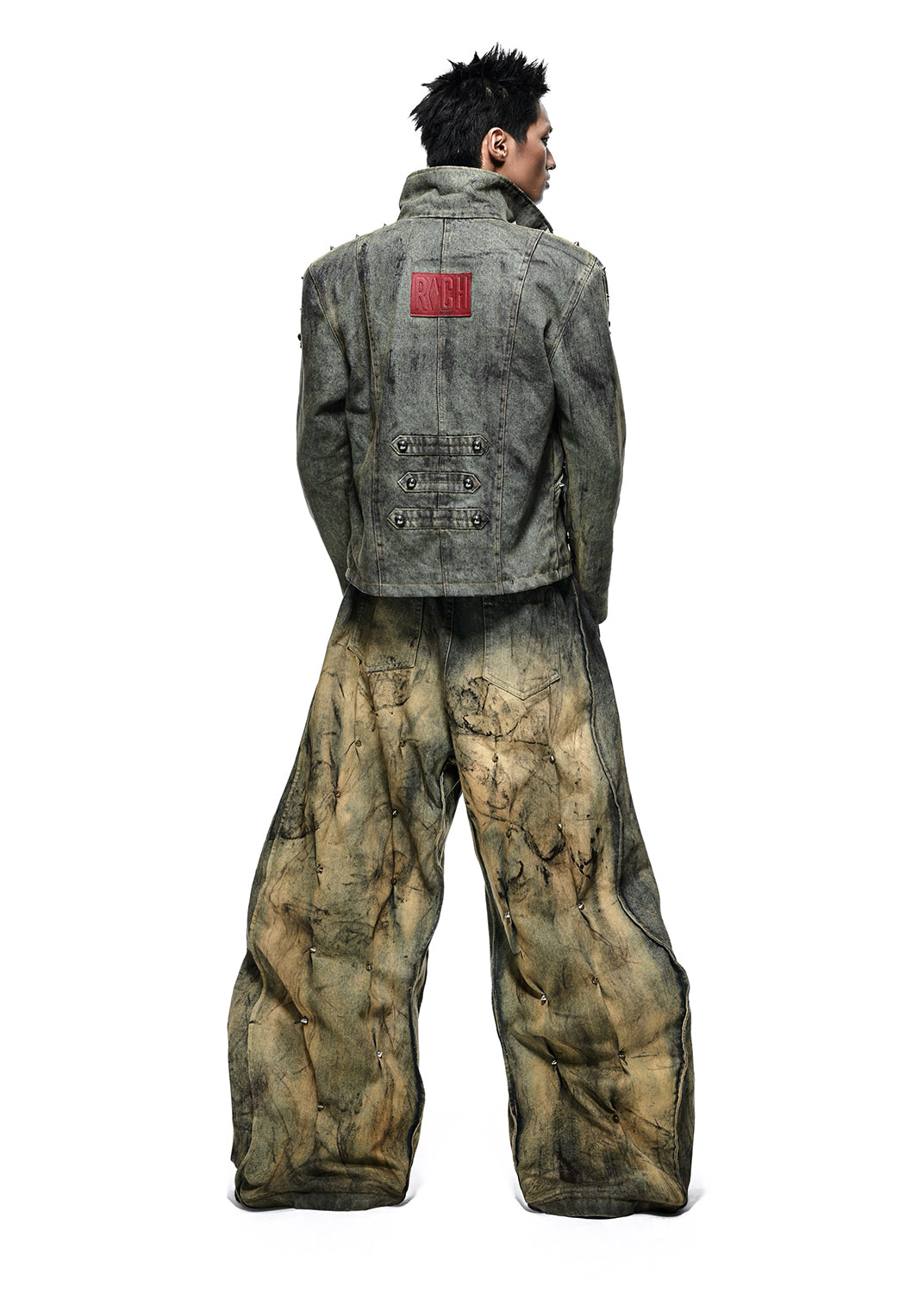 RICH QD.126B MULTI RIVET DIRT WASHED WIDE PANTS