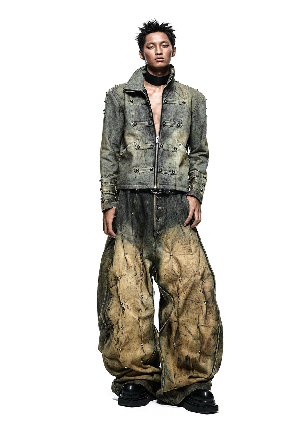 RICH QD.126B MULTI RIVET DIRT WASHED WIDE PANTS