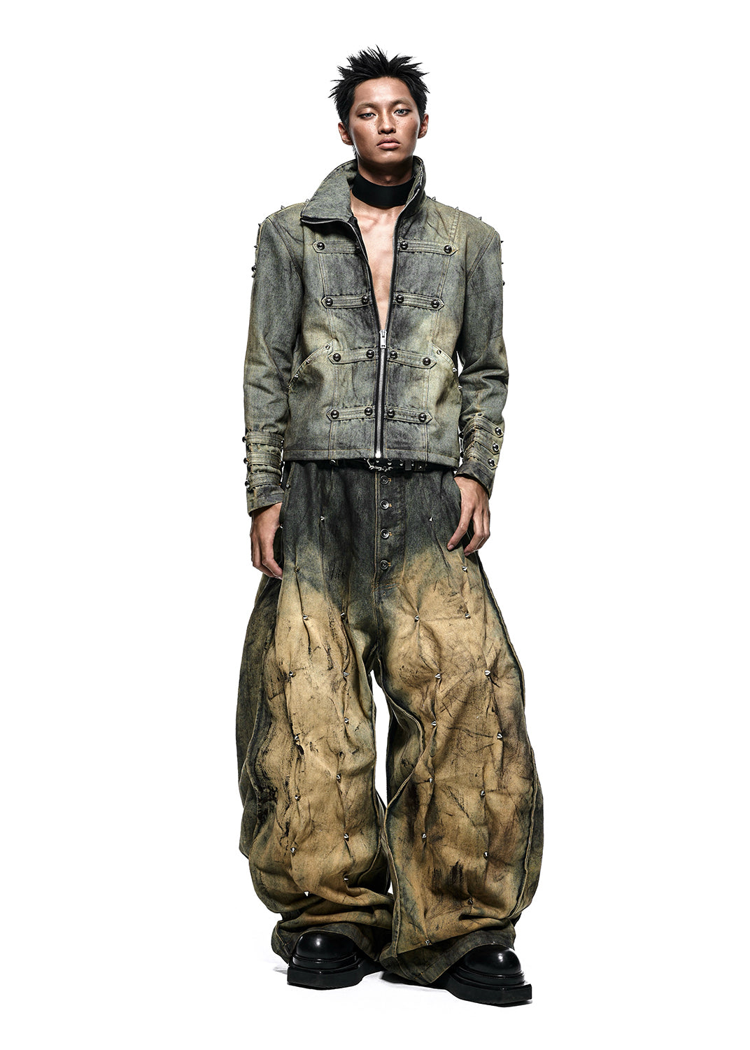 RICH QD.126B MULTI RIVET DIRT WASHED WIDE PANTS