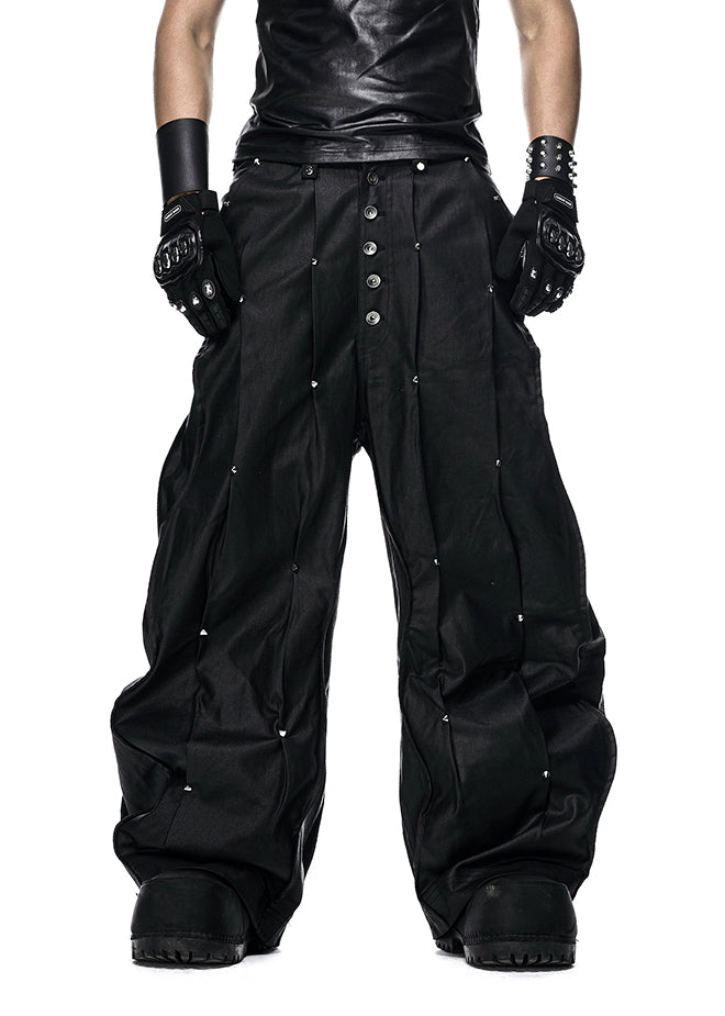 RICH QD.126A MULTI RIVET WAXED WIDE PANTS
