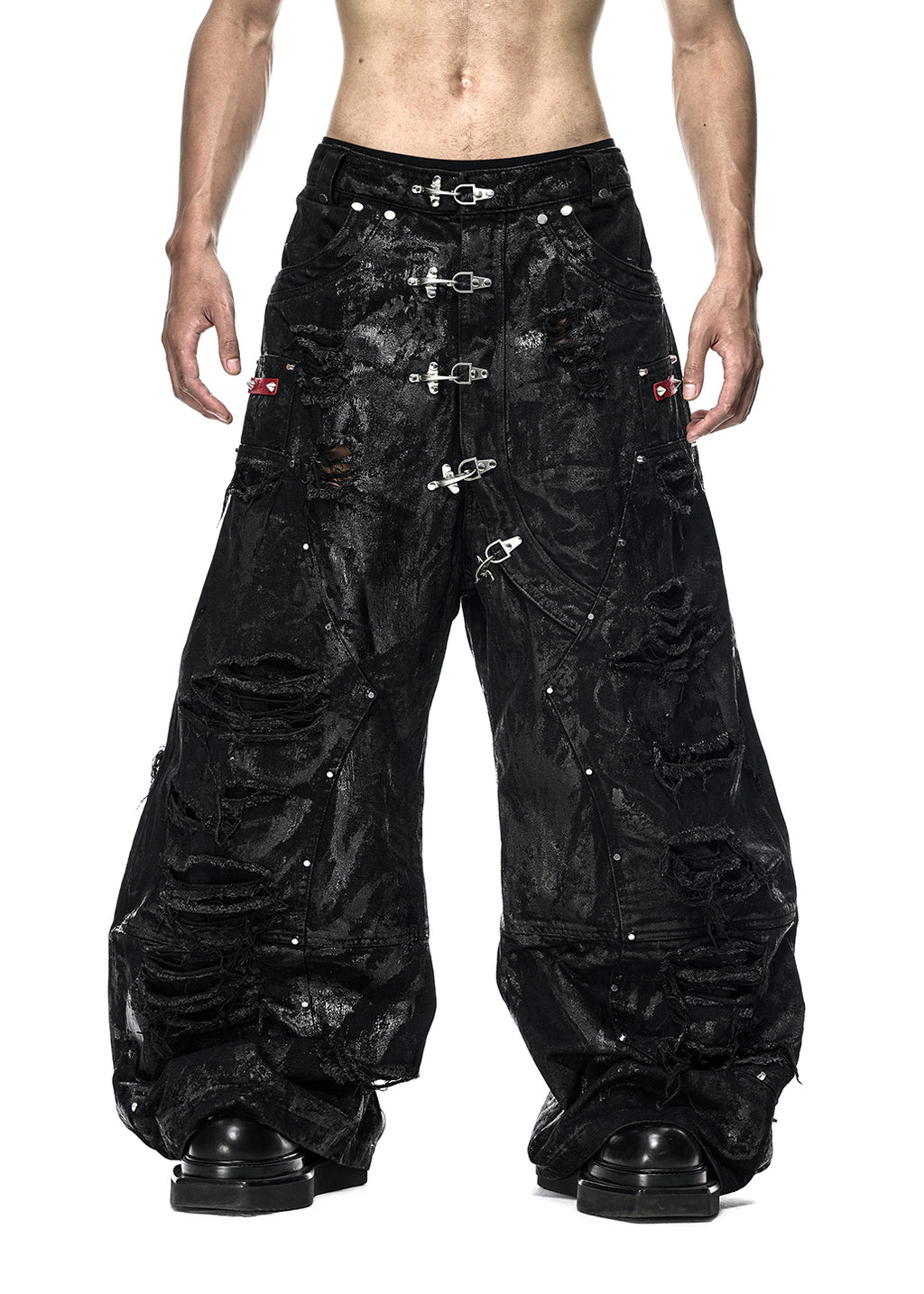 RICH QD.125A BLACK WAX RIPPED WIDE PANTS
