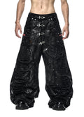 RICH QD.125A BLACK WAX RIPPED WIDE PANTS