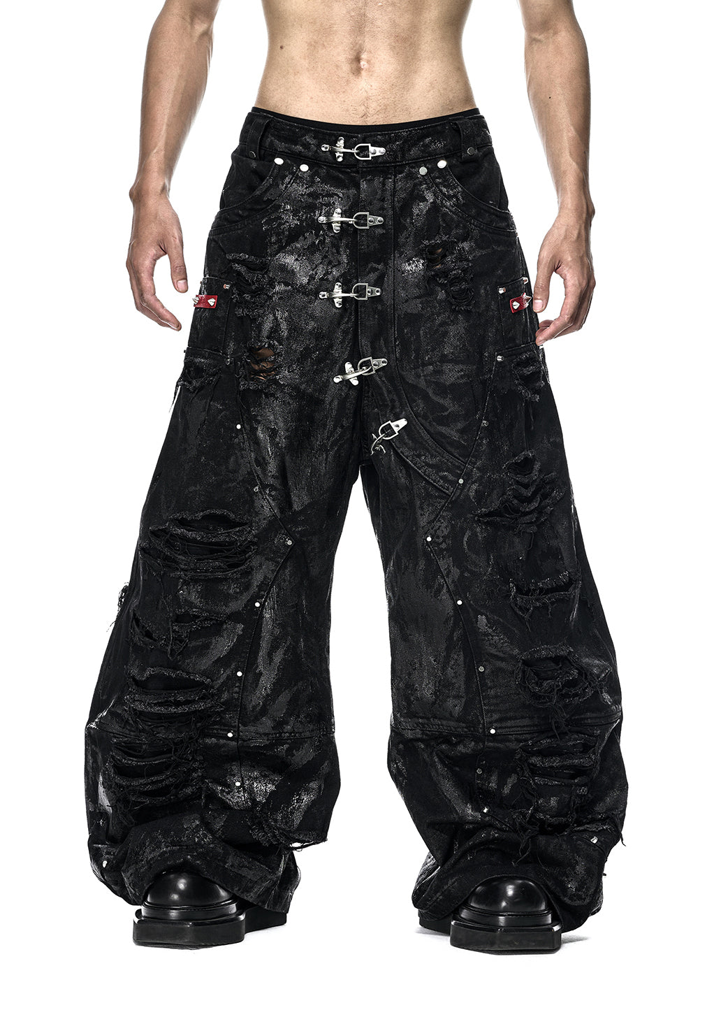 RICH QD.125A BLACK WAX RIPPED WIDE PANTS