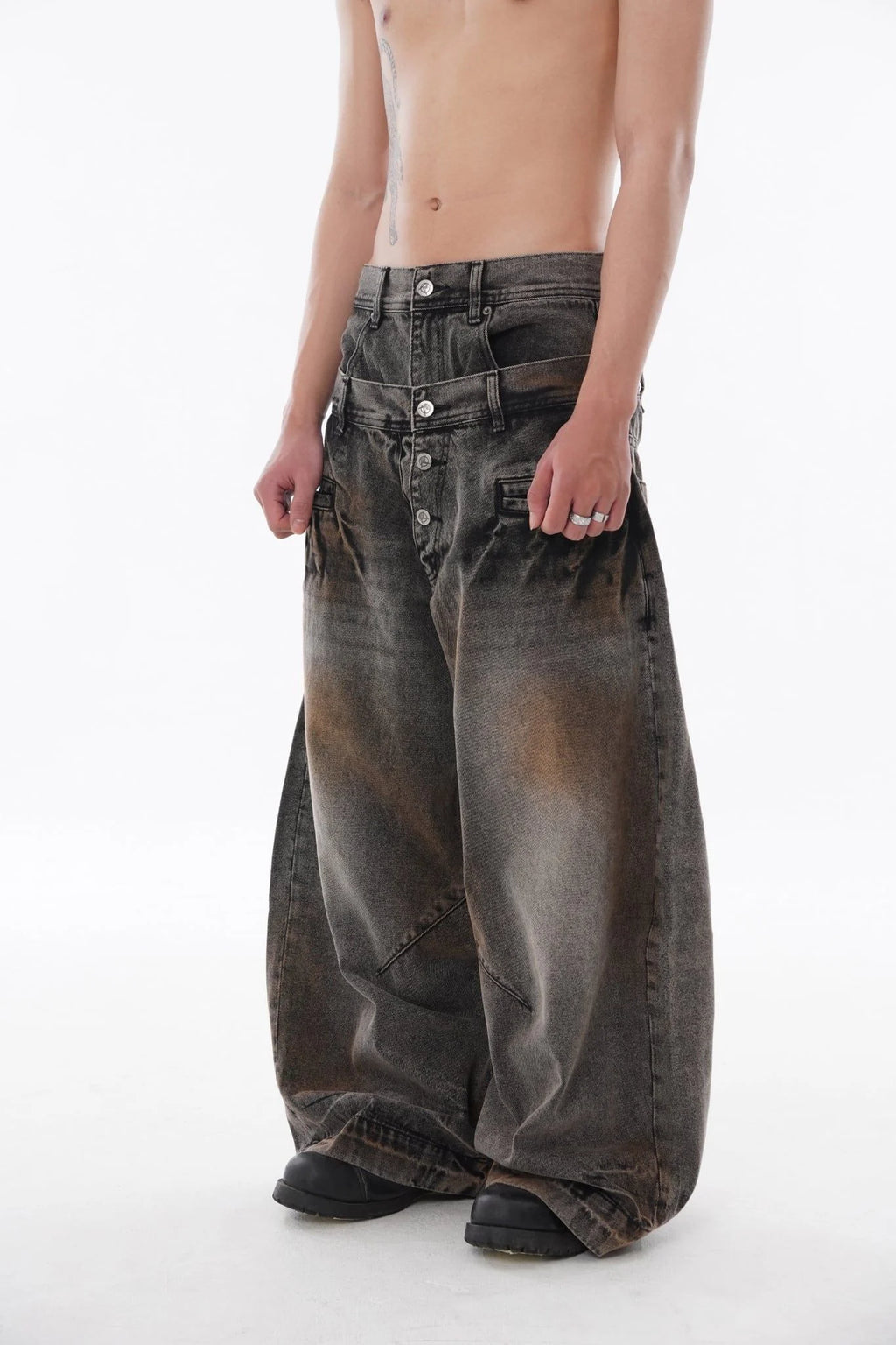 ROI WORKSHOP DOUBLE WAIST WASHED JEANS