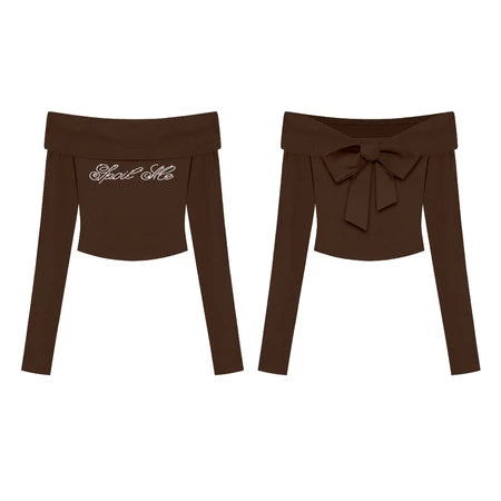 KILL SYSTEM SECRET OFF-SHOULDER LONG SLEEVE RHINESTONE BOW BLOUSE
