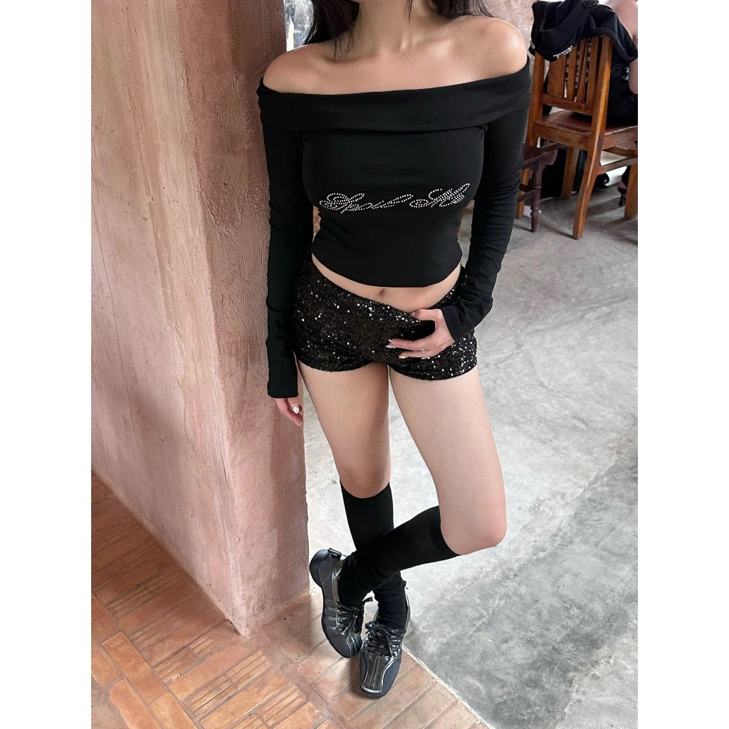 KILL SYSTEM SECRET OFF-SHOULDER LONG SLEEVE RHINESTONE BOW BLOUSE
