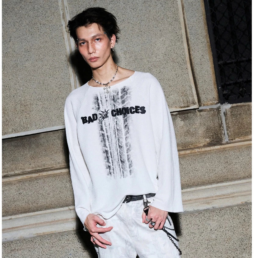 BAD CHOICES WAFFLE FABRIC GRAPHIC PRINT LOOSE FIT LONG SLEEVE T-SHIRT