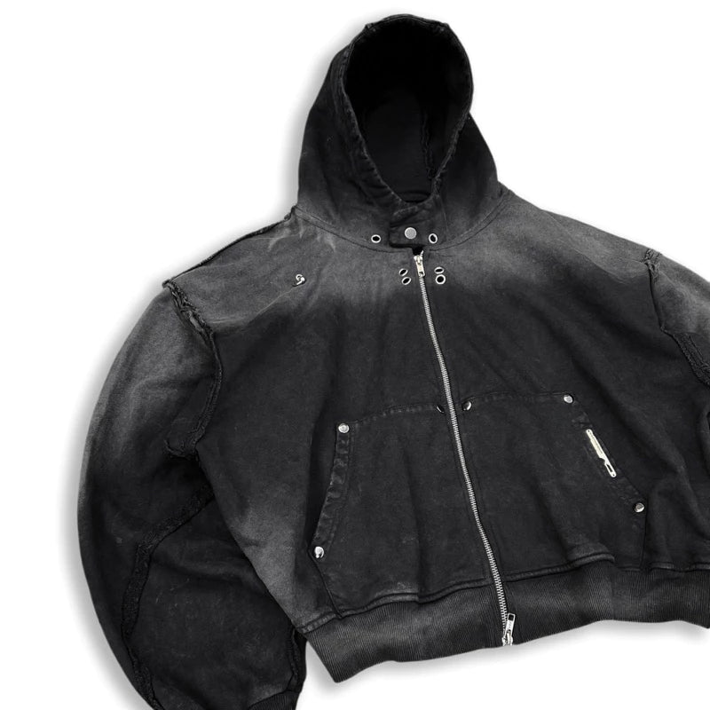 NIYU DISTRESSED COTTON WASHED HOODIE ZIP BOXY FORM