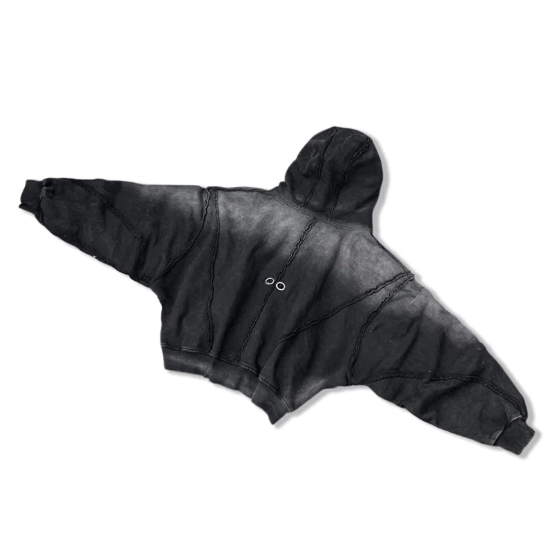 NIYU DISTRESSED COTTON WASHED HOODIE ZIP BOXY FORM