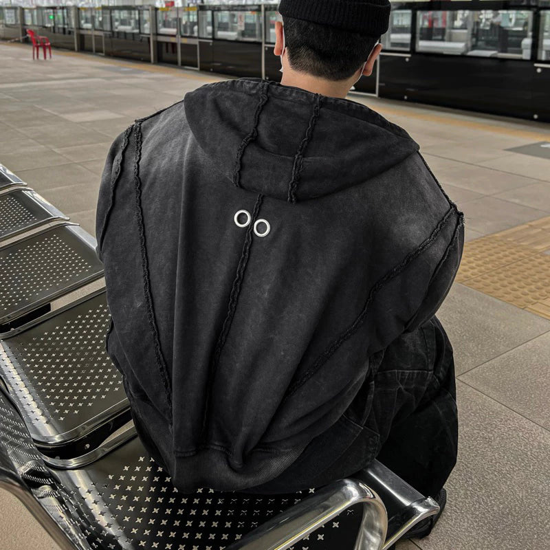 NIYU DISTRESSED COTTON WASHED HOODIE ZIP BOXY FORM
