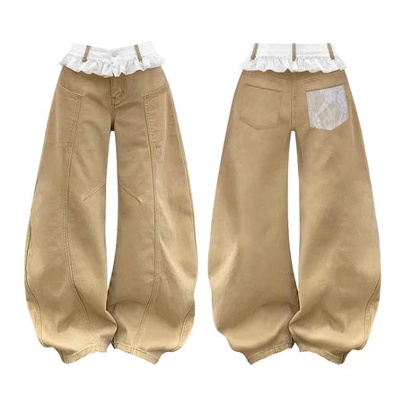 KILL SYSTEM SOOLY LACE-TRIMMED WIDE-LEG COTTON-KAKI TROUSERS