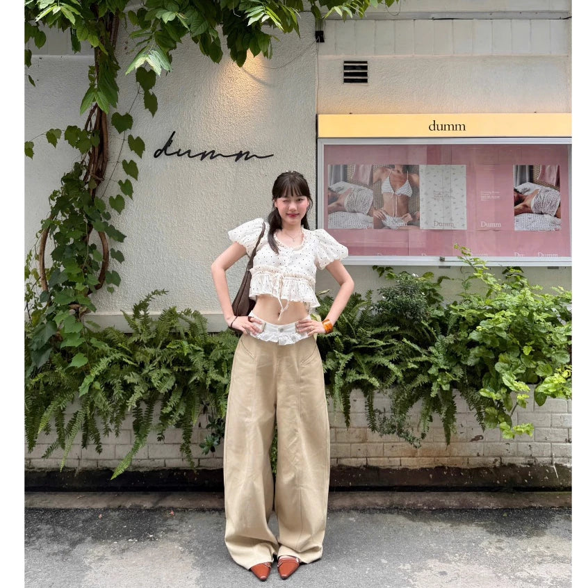 KILL SYSTEM SOOLY LACE-TRIMMED WIDE-LEG COTTON-KAKI TROUSERS