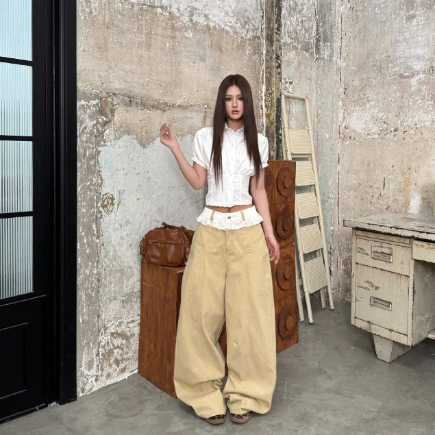KILL SYSTEM SOOLY LACE-TRIMMED WIDE-LEG COTTON-KAKI TROUSERS