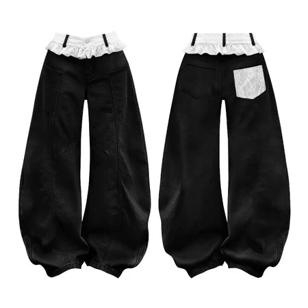 KILL SYSTEM SOOLY LACE-TRIMMED WIDE-LEG COTTON-KAKI TROUSERS