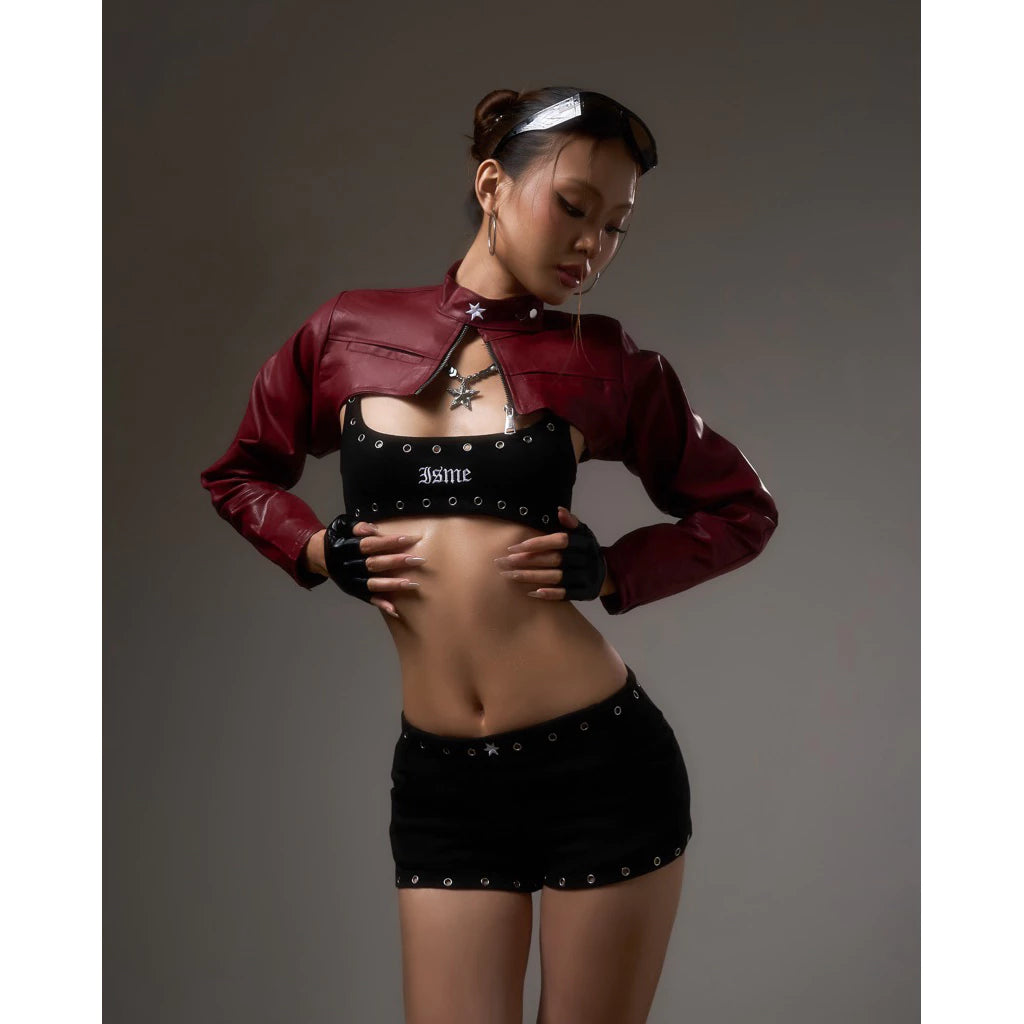 ISME PRIVATE CLUB MINI CROPPED LEATHER JACKET
