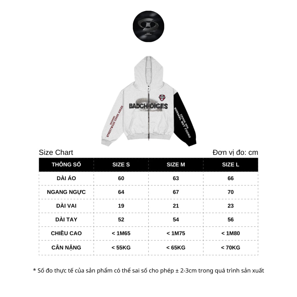 BAD CHOICES ERROR LOGO PATCHWORK SLEEVE COTTON BOXY FIT ZIP HOODIE