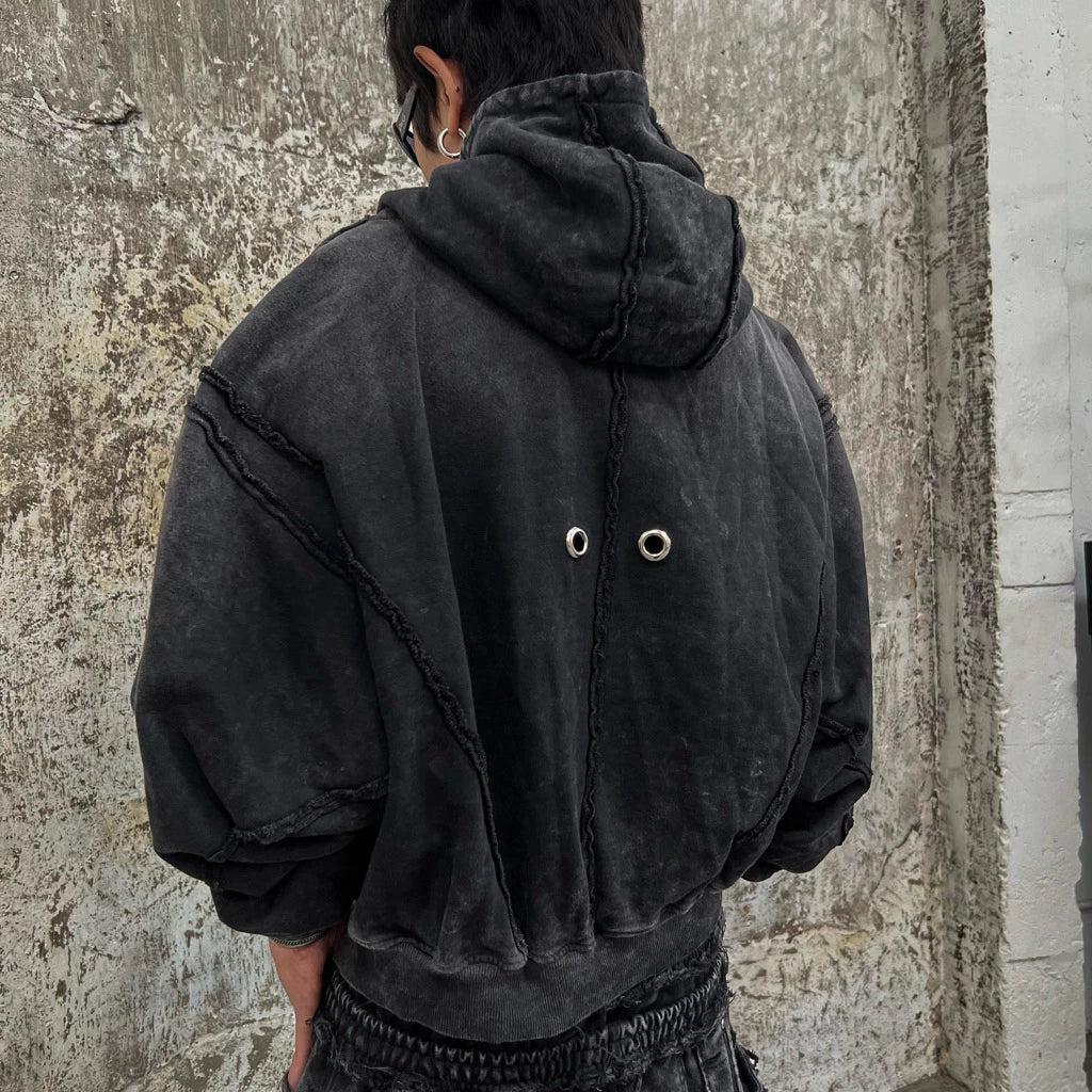 NIYU DISTRESSED COTTON WASHED HOODIE ZIP BOXY FORM