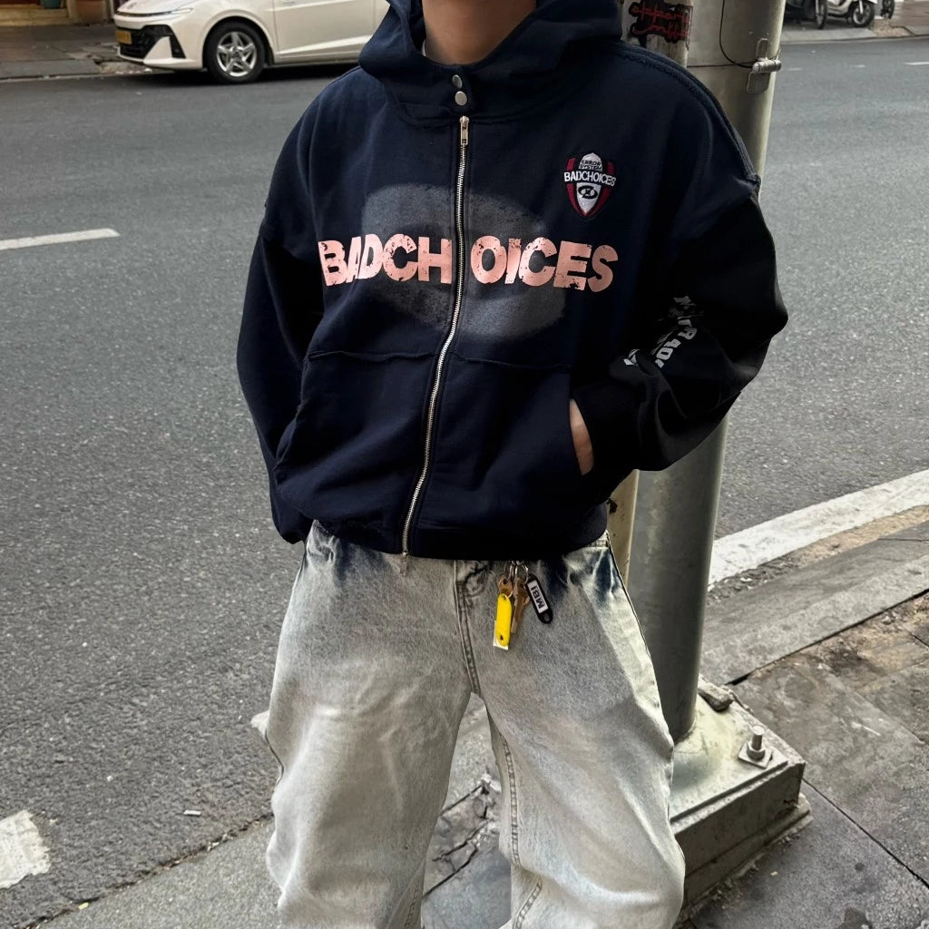 BAD CHOICES ERROR LOGO PATCHWORK SLEEVE COTTON BOXY FIT ZIP HOODIE