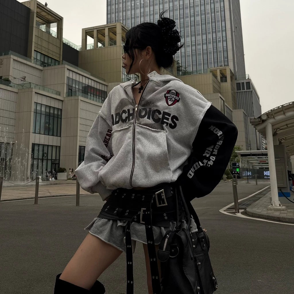 BAD CHOICES ERROR LOGO PATCHWORK SLEEVE COTTON BOXY FIT ZIP HOODIE