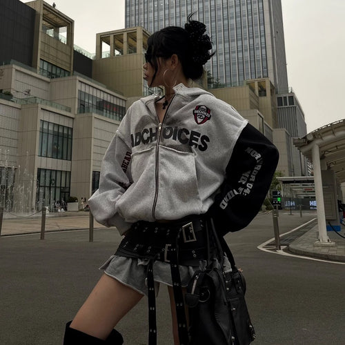 BAD CHOICES ERROR LOGO PATCHWORK SLEEVE COTTON BOXY FIT ZIP HOODIE