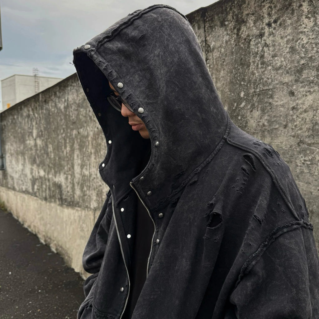 NIYU Rivet Distressed Cotton Boxy Zip Hoodie