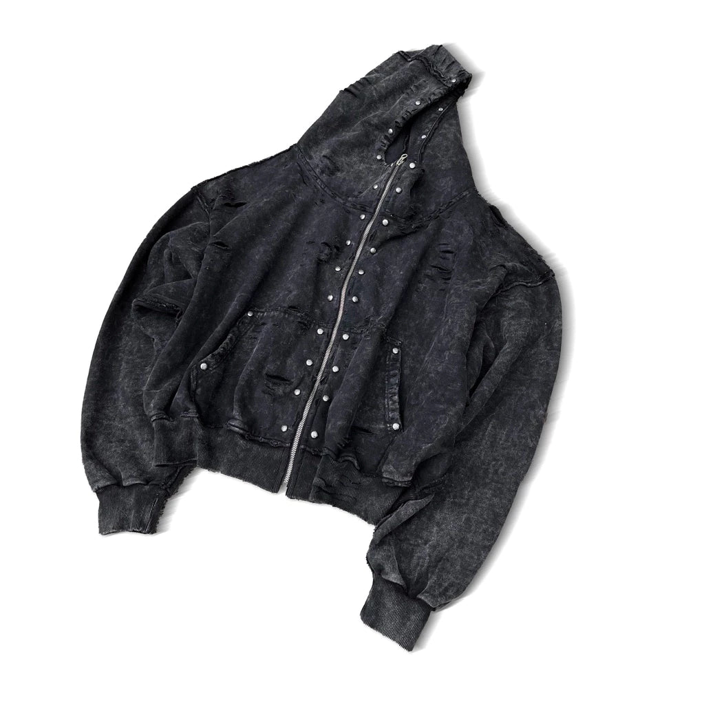 NIYU Rivet Distressed Cotton Boxy Zip Hoodie