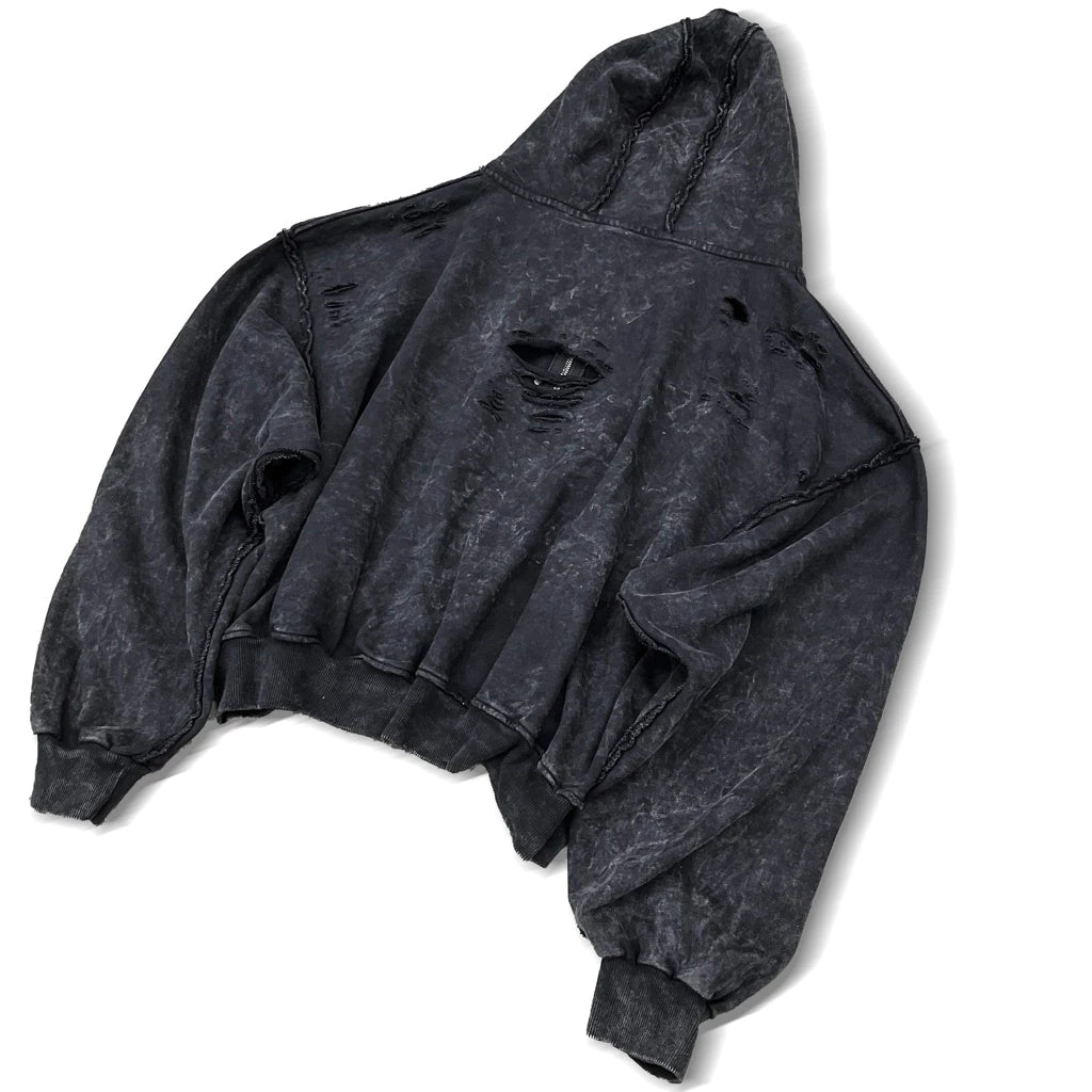 NIYU Rivet Distressed Cotton Boxy Zip Hoodie