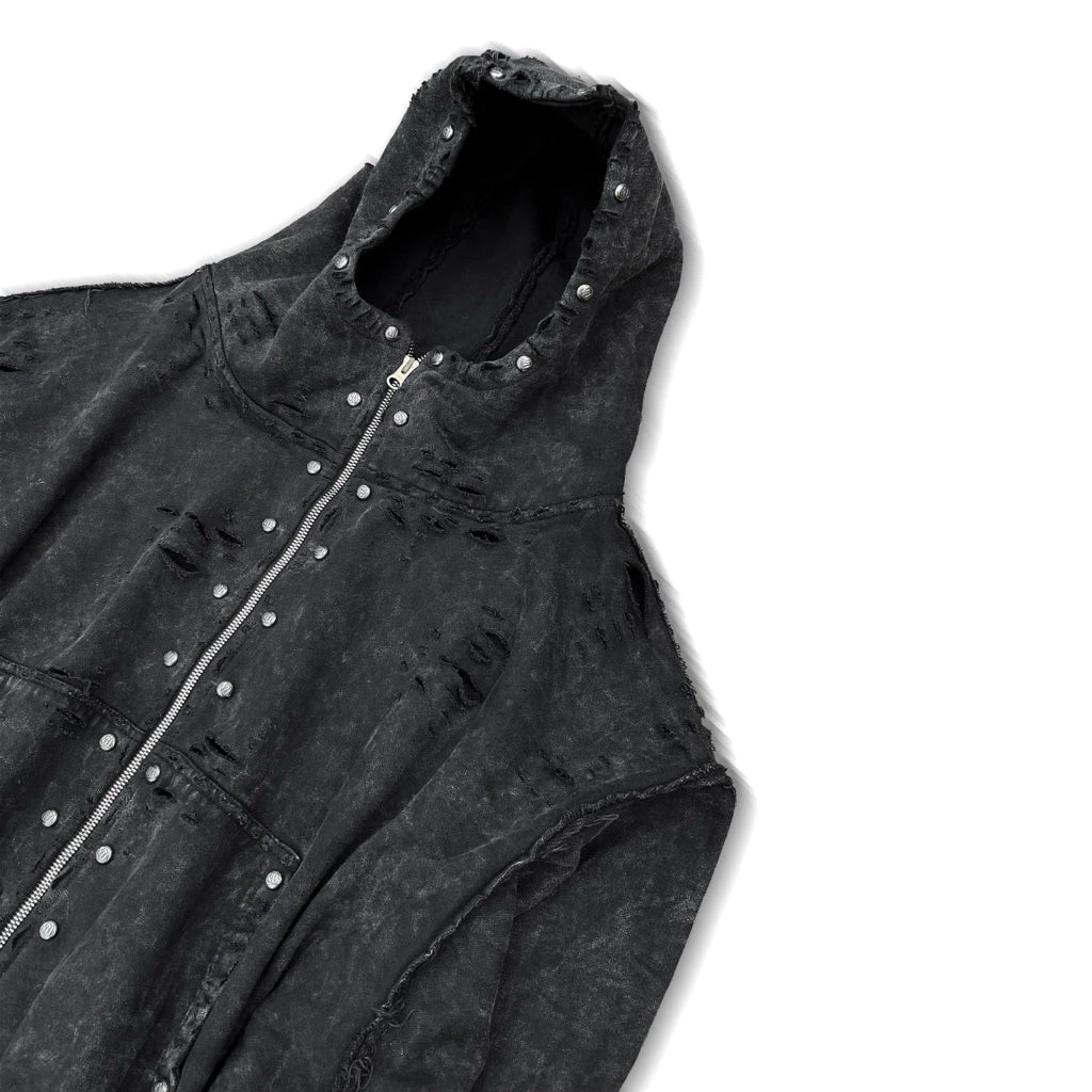NIYU Rivet Distressed Cotton Boxy Zip Hoodie