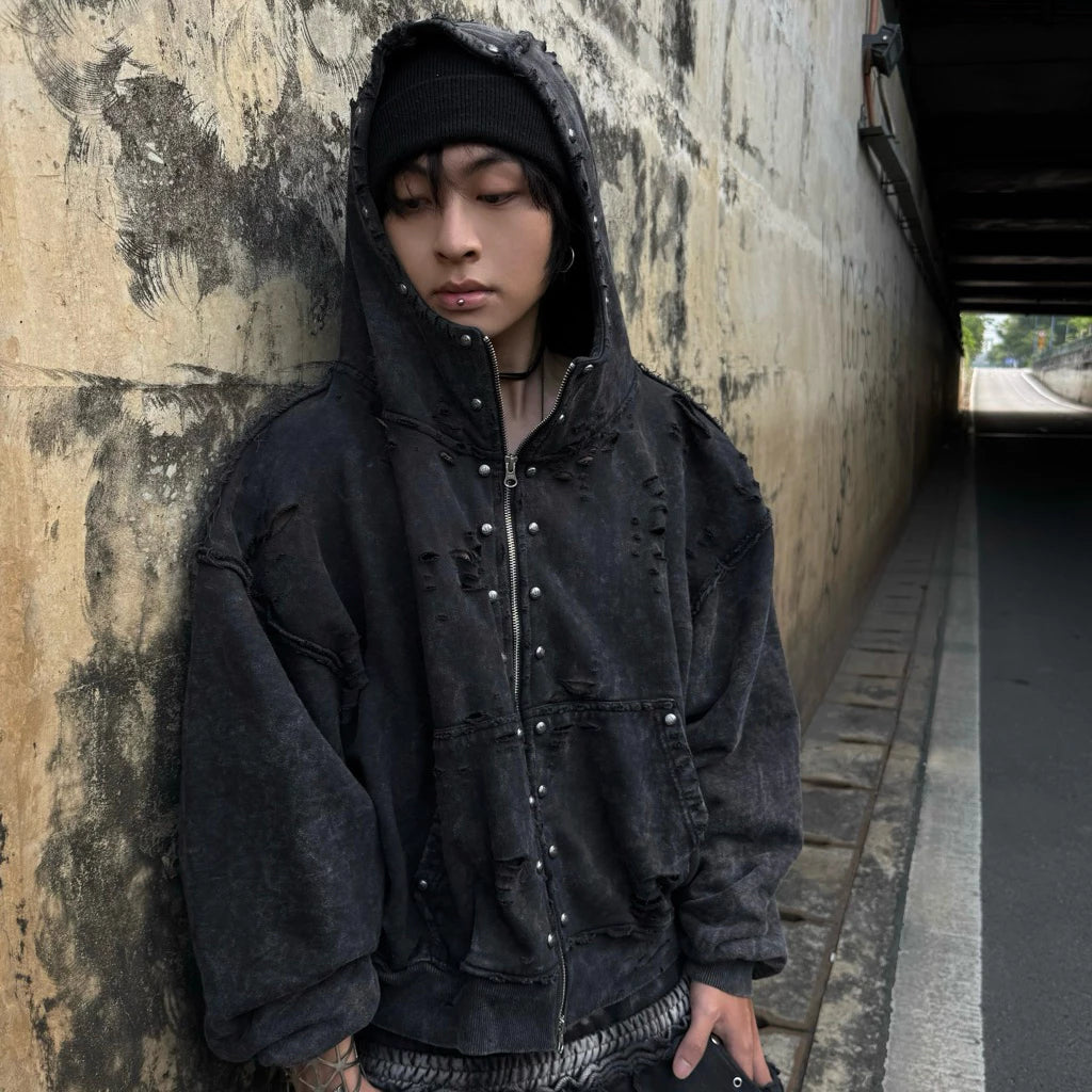 NIYU Rivet Distressed Cotton Boxy Zip Hoodie