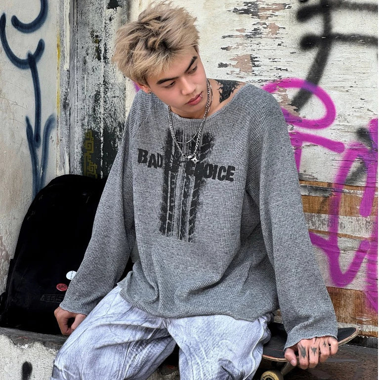 BAD CHOICES WAFFLE FABRIC GRAPHIC PRINT LOOSE FIT LONG SLEEVE T-SHIRT