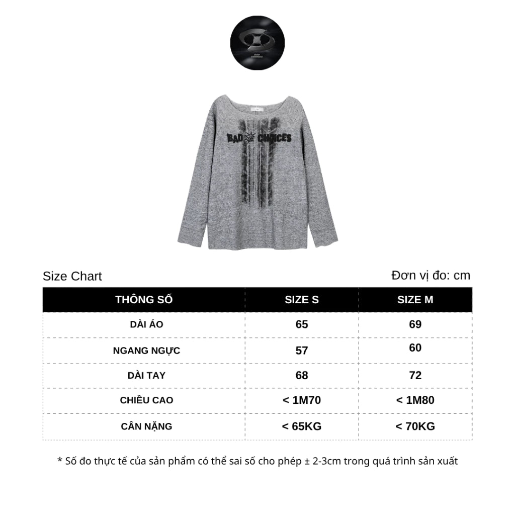 BAD CHOICES WAFFLE FABRIC GRAPHIC PRINT LOOSE FIT LONG SLEEVE T-SHIRT