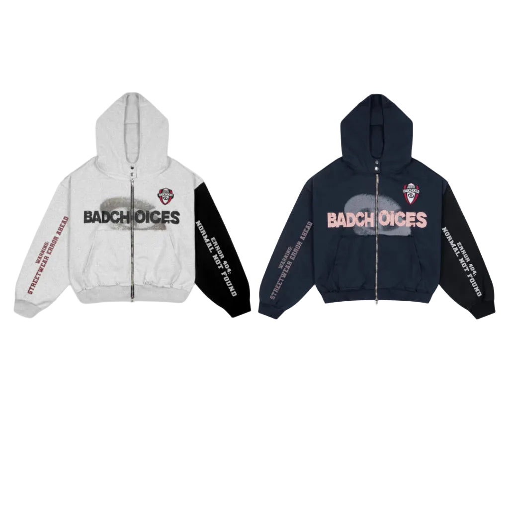 BAD CHOICES ERROR LOGO PATCHWORK SLEEVE COTTON BOXY FIT ZIP HOODIE