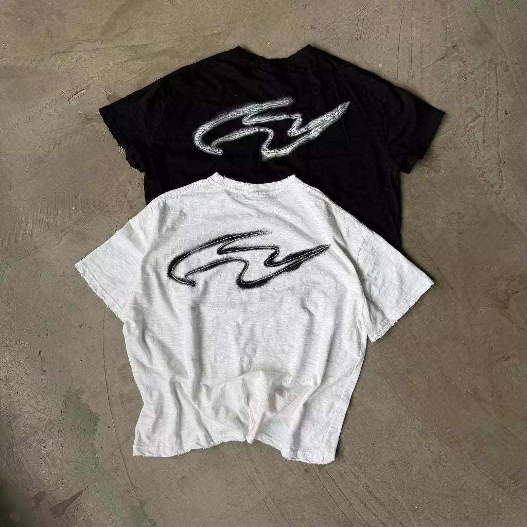 WHOSE STUDIO BLUR MARK FLOCKING PRINT DISTRESSED THICK SLUB T-SHIRT