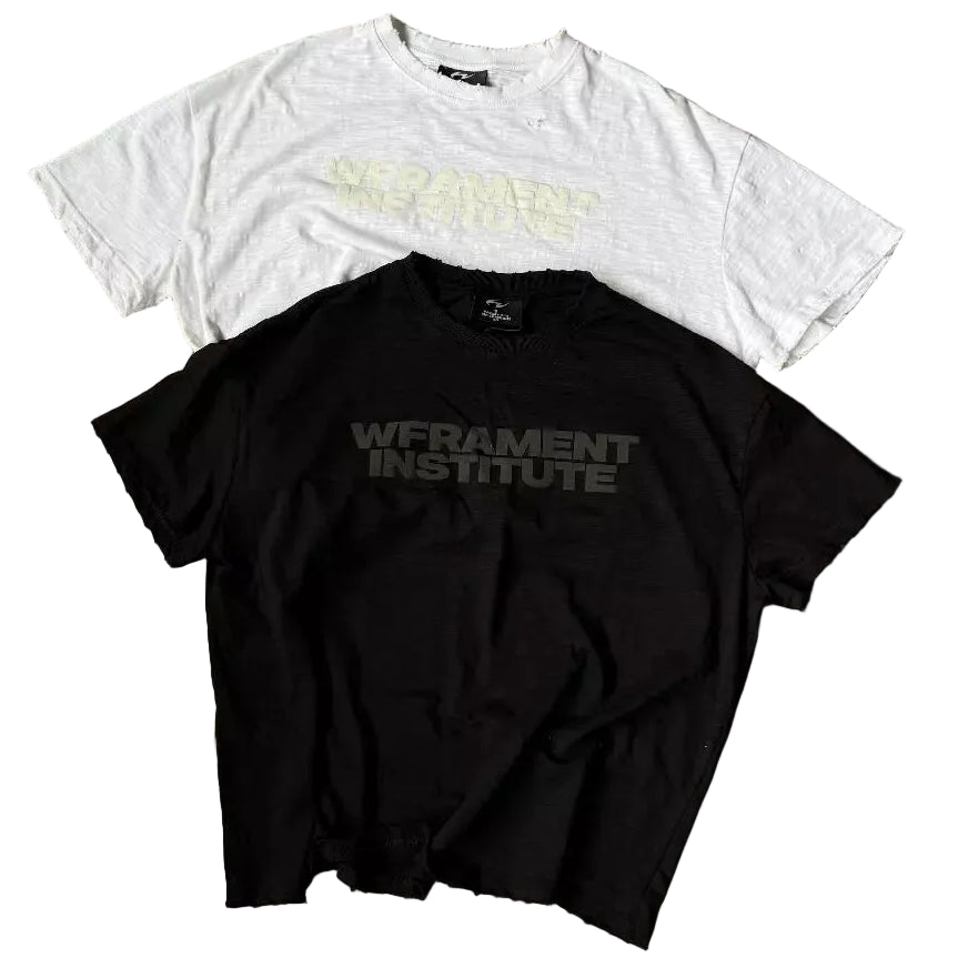 WHOSE STUDIO BLUR MARK FLOCKING PRINT DISTRESSED THICK SLUB T-SHIRT