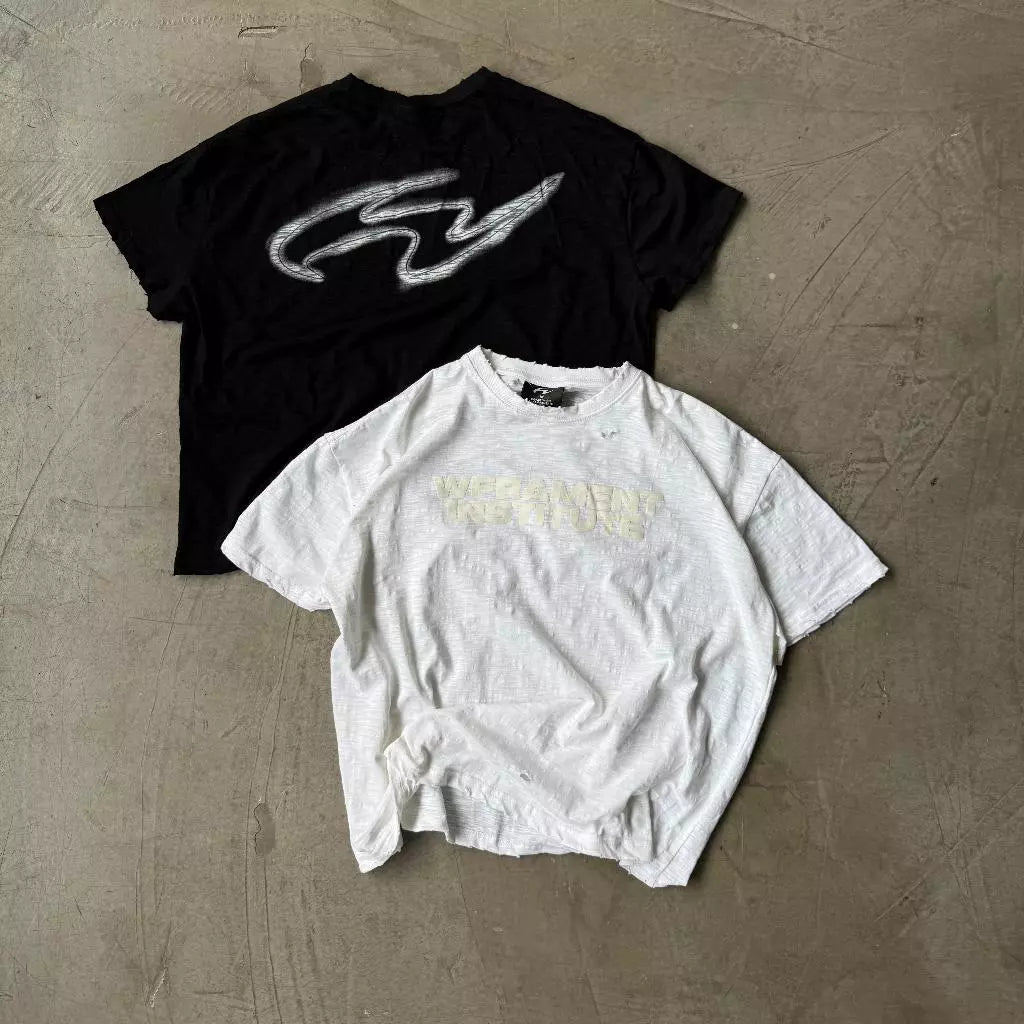 WHOSE STUDIO BLUR MARK FLOCKING PRINT DISTRESSED THICK SLUB T-SHIRT