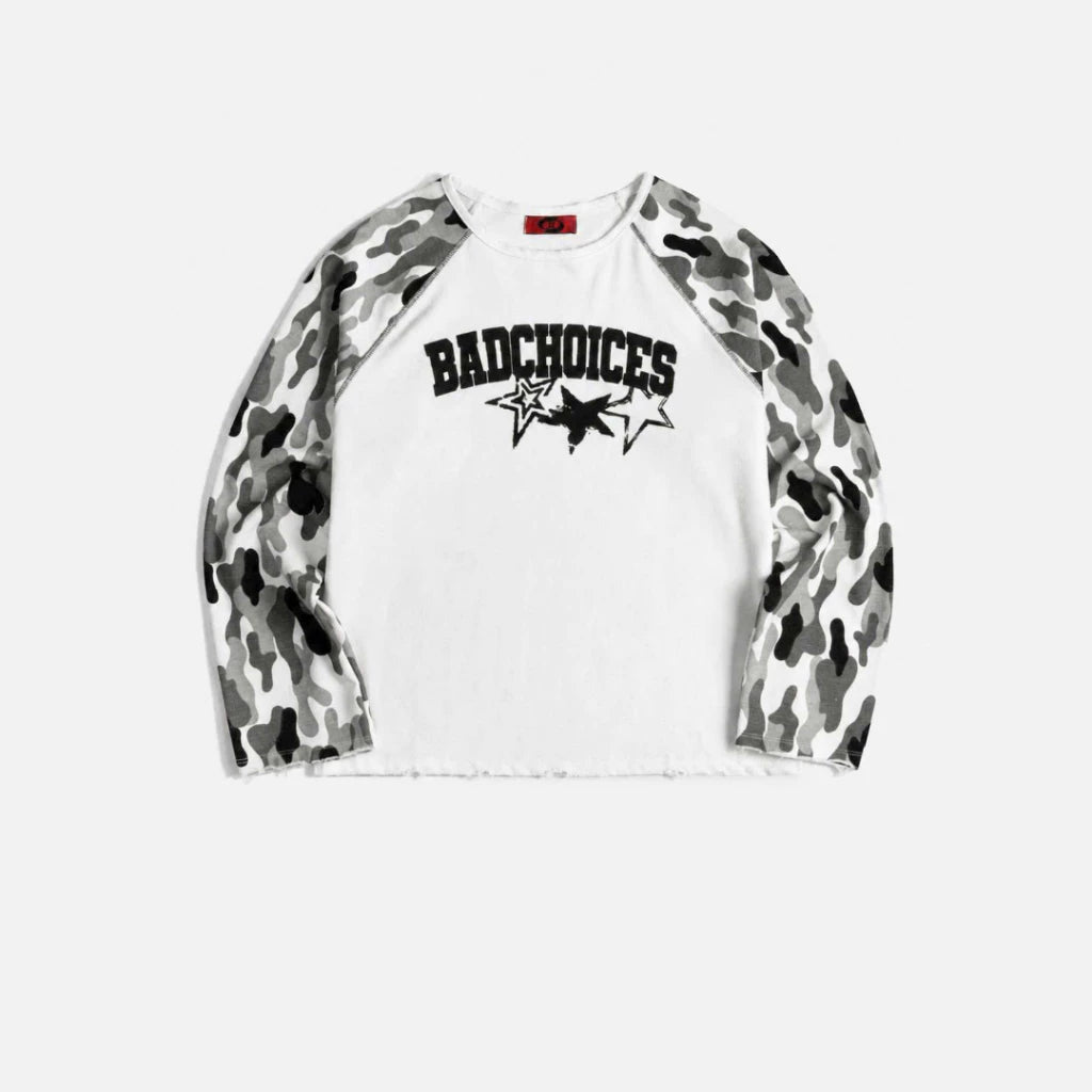BAD CHOICES WAFFLE CAMO PRINTED RAGLAN LONG SLEEV