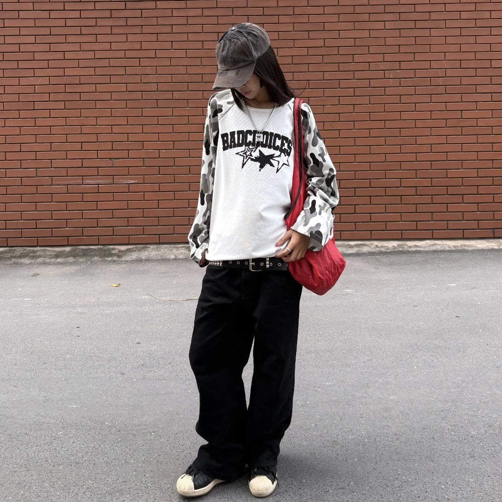 BAD CHOICES WAFFLE CAMO PRINTED RAGLAN LONG SLEEV