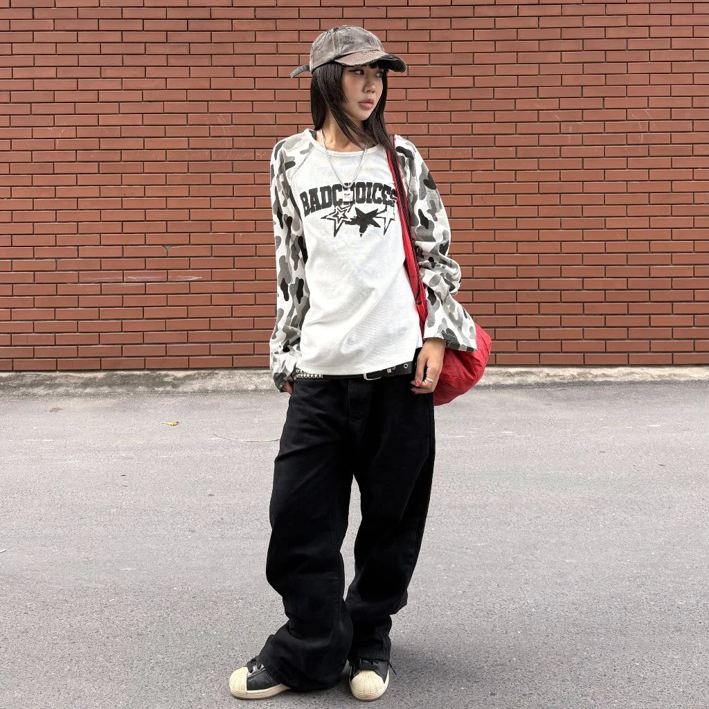 BAD CHOICES WAFFLE CAMO PRINTED RAGLAN LONG SLEEV