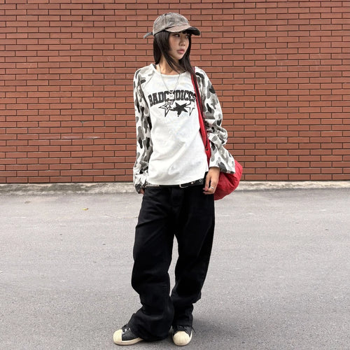 BAD CHOICES WAFFLE CAMO PRINTED RAGLAN LONG SLEEV