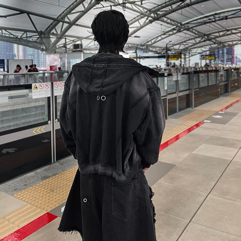 NIYU DISTRESSED COTTON WASHED HOODIE ZIP BOXY FORM